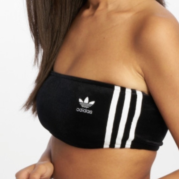 Adidas Original 3 Stripe Velvet Bra Top in Black - Picture 2 of 8